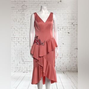 Marchesa Notte Coral Sleeveless Ruffle Floral appliqué Dress.